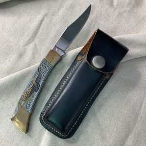 American  Flying Eagle 8” Pocketknife With Leather Sheath Japan Pakistan
